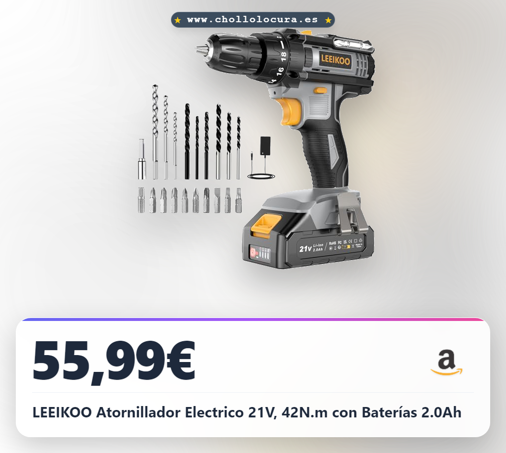 LEEIKOO Atornillador Electrico 21V, 42N.m con Baterías 2.0Ah