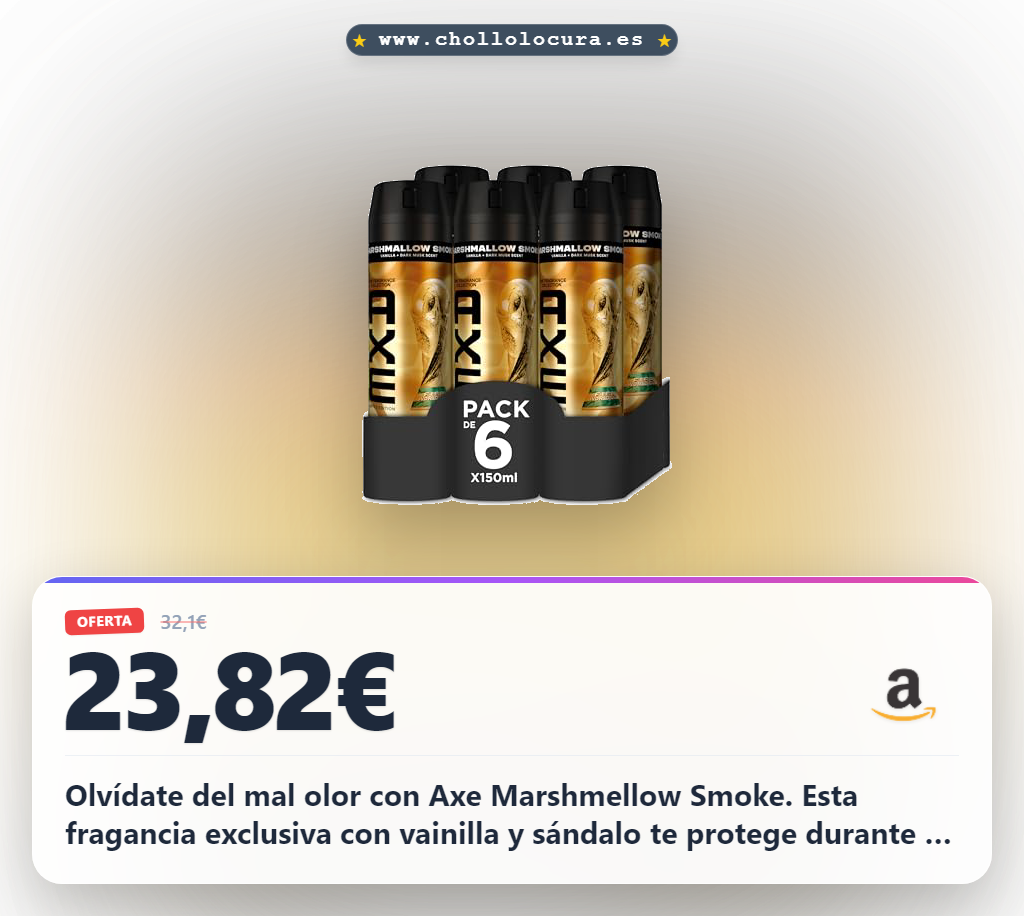 Consigue el Desodorante Axe Aerosol Marshmellow Smoke 150 ml x6. Disfruta de 72 horas de protección al mejor precio.