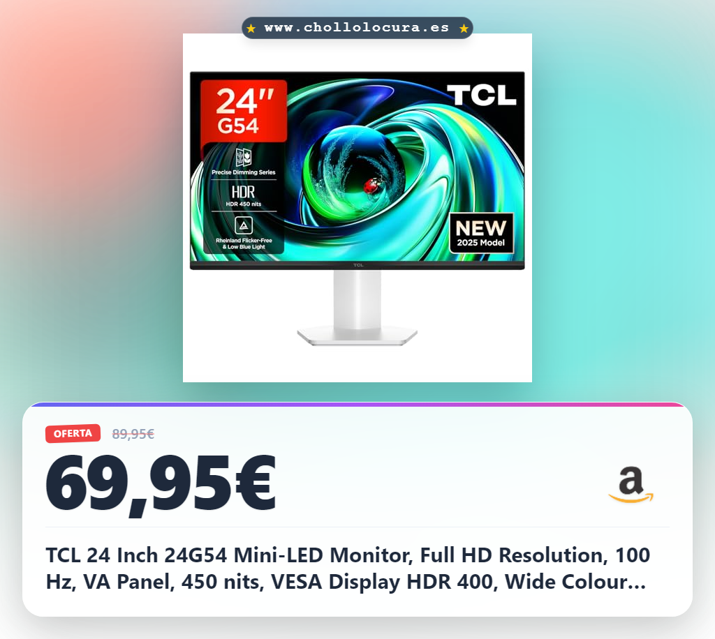 TCL 24 Inch 24G54 Mini-LED Monitor, Full HD Resolution, 100 Hz, VA Panel, 450 nits, VESA Display HDR 400, Wide Colour Range, TÜV Rheinland Flicker-Free and Low Blue Light Certification