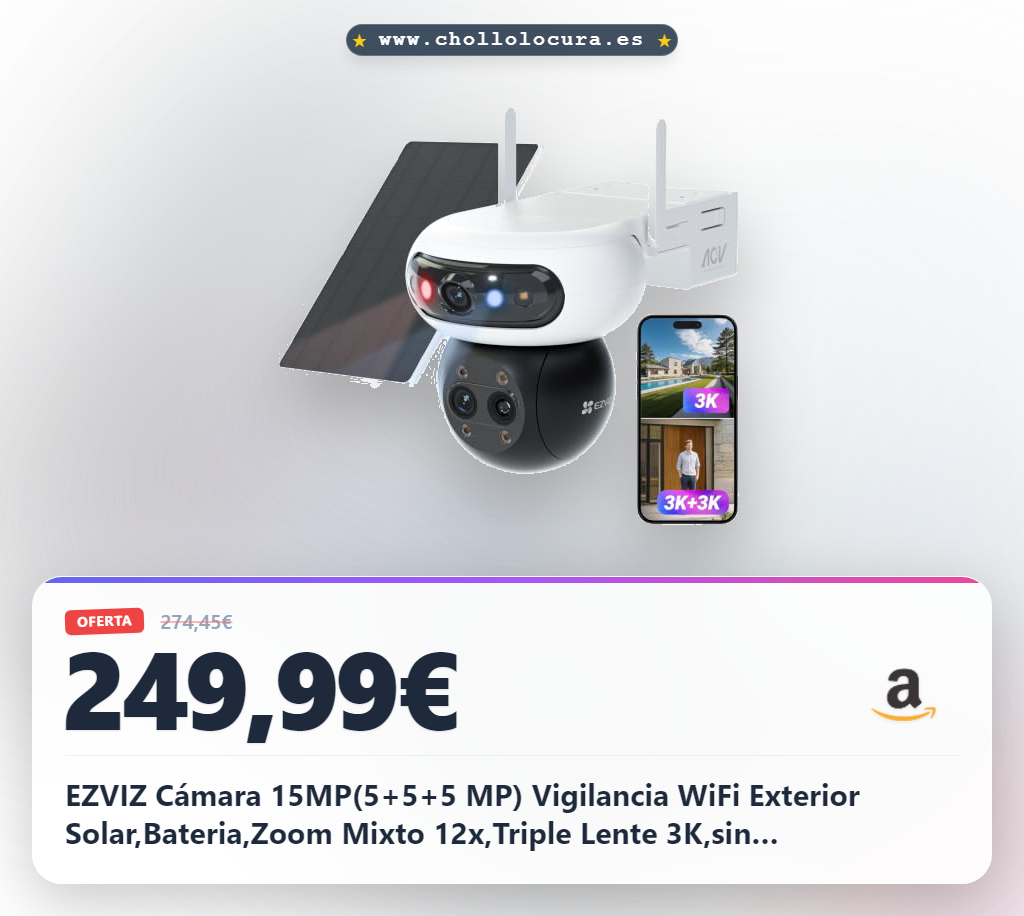 EZVIZ Cámara 15MP(5+5+5 MP) Vigilancia WiFi Exterior Solar,Bateria,Zoom Mixto 12x,Triple Lente 3K,sin Cables,360°,AOV,Detección IA de Persona,CB90F Kit