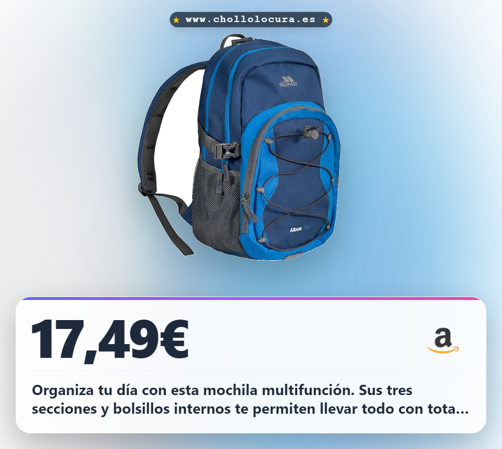 Consigue la mochila Trespass Albus azul de 30 litros con tres secciones y bolsillos internos.