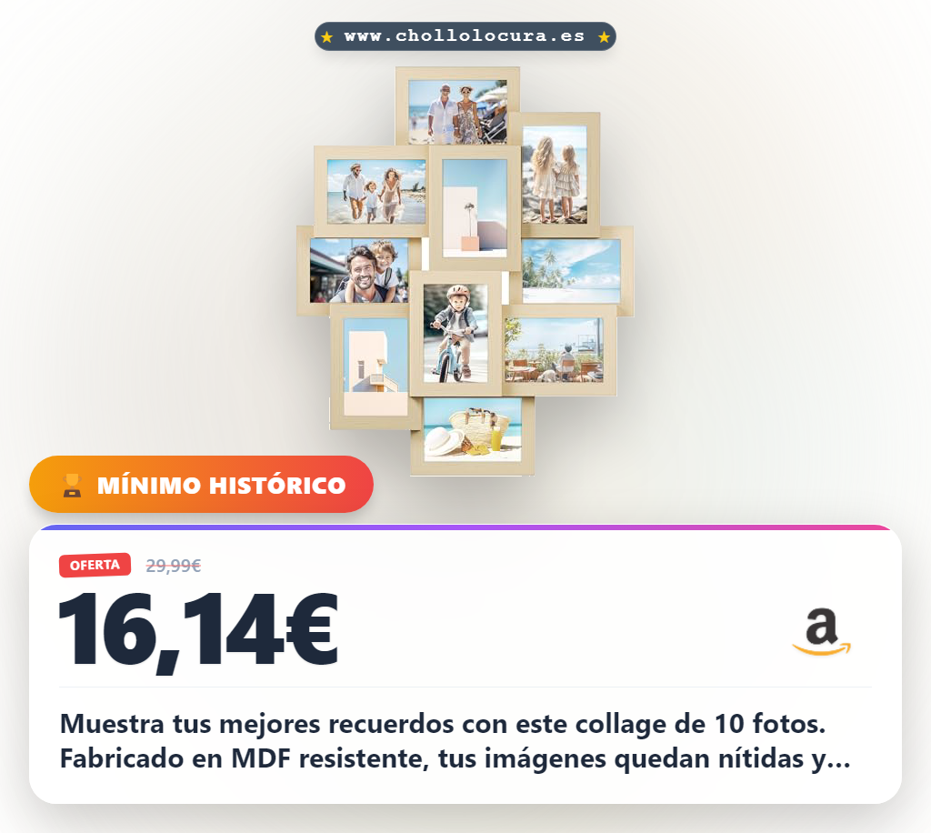 Aprovecha este collage de 10 marcos de fotos 10x15 cm con MDF y PS, cambia fotos fácil a precio de chollo y decora tu pared hoy.