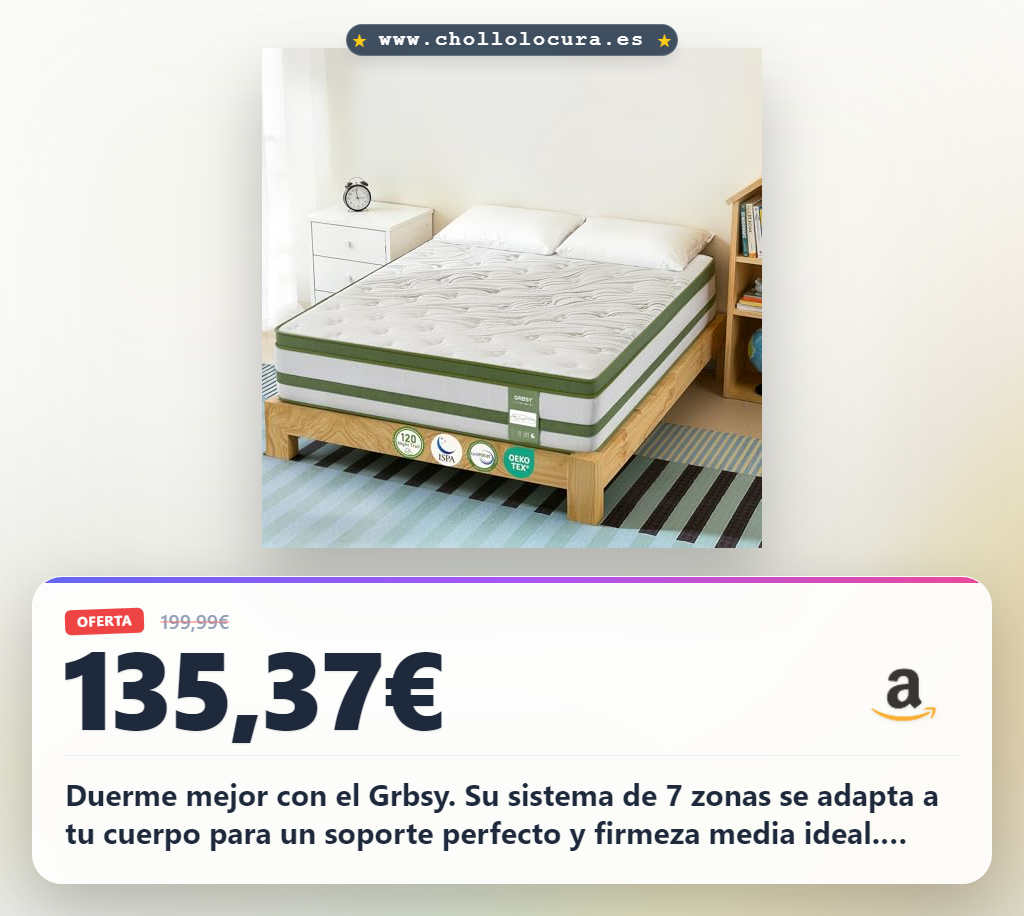 Duerme mejor con el Grbsy. Su sistema de 7 zonas se adapta a tu cuerpo para un soporte perfecto y firmeza media ideal. Olvídate de las vibraciones y disfruta de un frescor total con su funda transpirable. Calidad certificada para que te sientas increíble. ¡Consigue el tuyo hoy!