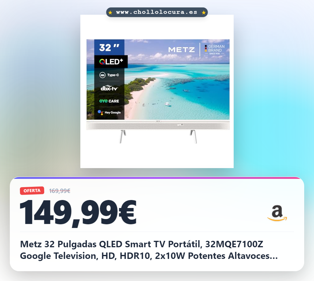 Metz 32 Pulgadas QLED Smart TV Portátil, 32MQE7100Z Google Television, HD, HDR10, 2x10W Potentes Altavoces Frontales, DBX, Dolby Audio, USB-C, Chromecast, Trabajar con Google Assistant, Blanco, 80cm