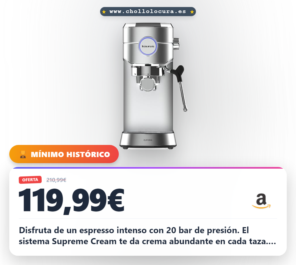 Aprovecha la cafetera espresso Taurus Euforia 20 Bar con sistema thermoblock y crema Supreme en oferta
