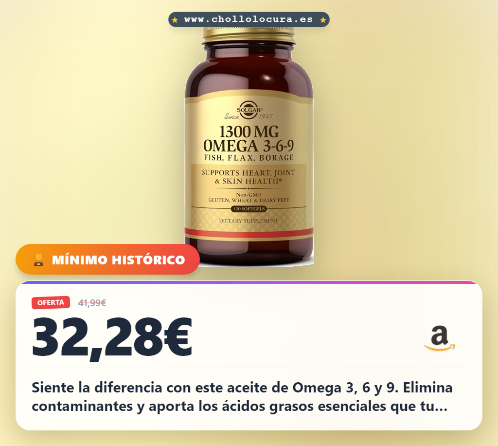 Aprovecha Solgar Omega 3-6-9 con aceite de pescado, lino y borraja. Cápsulas blandas puras al mejor precio de oferta histórica.