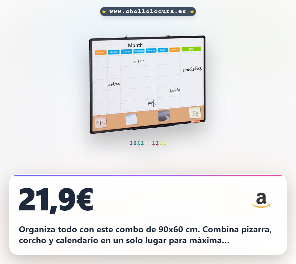 Consigue este tablero combinado de pizarra blanca y corcho con calendario mensual 90x60 cm al mejor precio.