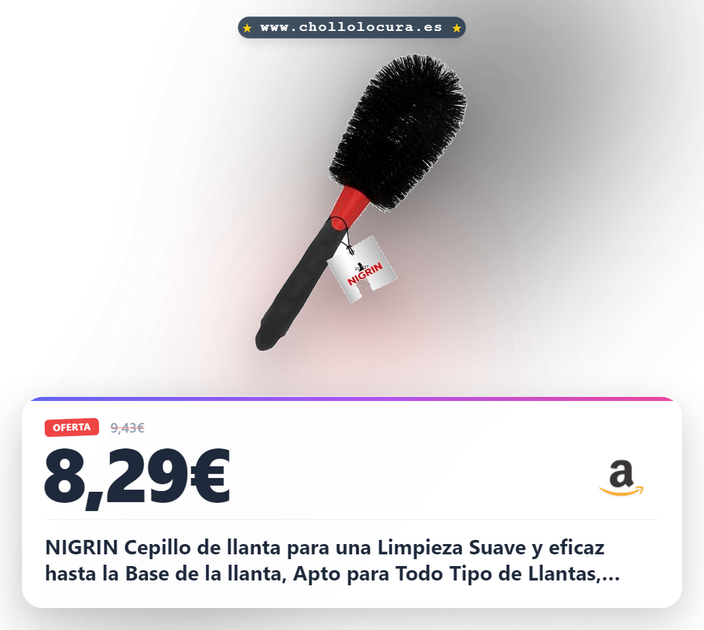 NIGRIN Cepillo de llanta para una Limpieza Suave y eficaz hasta la Base de la llanta, Apto para Todo Tipo de Llantas, Agarre ergonómico y Antideslizante