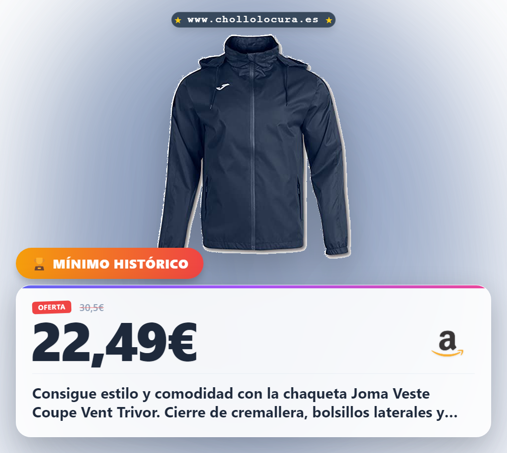 Consigue estilo y comodidad con la chaqueta Joma Veste Coupe Vent Trivor. Cierre de cremallera, bolsillos laterales y cuello alto para un look moderno. Capucha ajustable te da libertad total. Ideal para tus aventuras diarias.