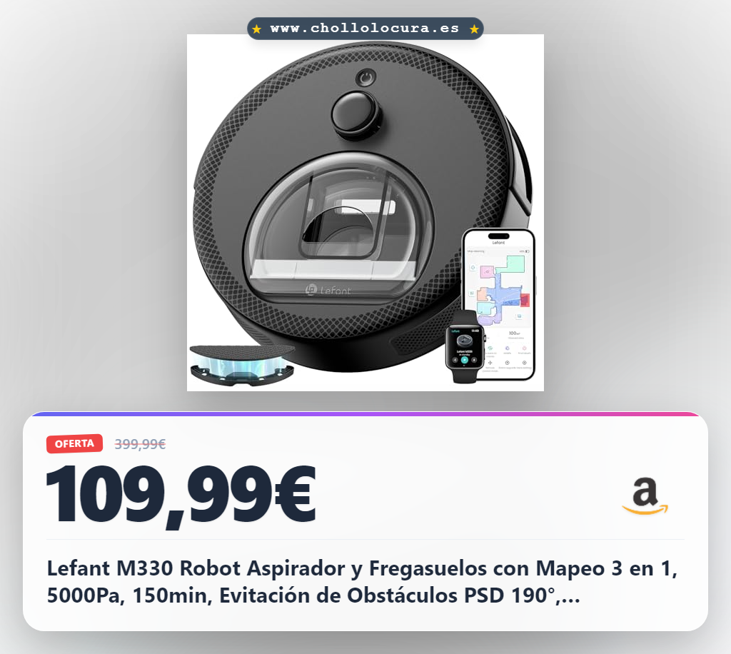Lefant M330 Robot Aspirador y Fregasuelos con Mapeo 3 en 1, 5000Pa, 150min, Evitación de Obstáculos PSD 190°, Navegación dToF, 2,4GHz y 5GHz WiFi/Alexa/App, Ideal para Pelo de Mascotas y Alfombras