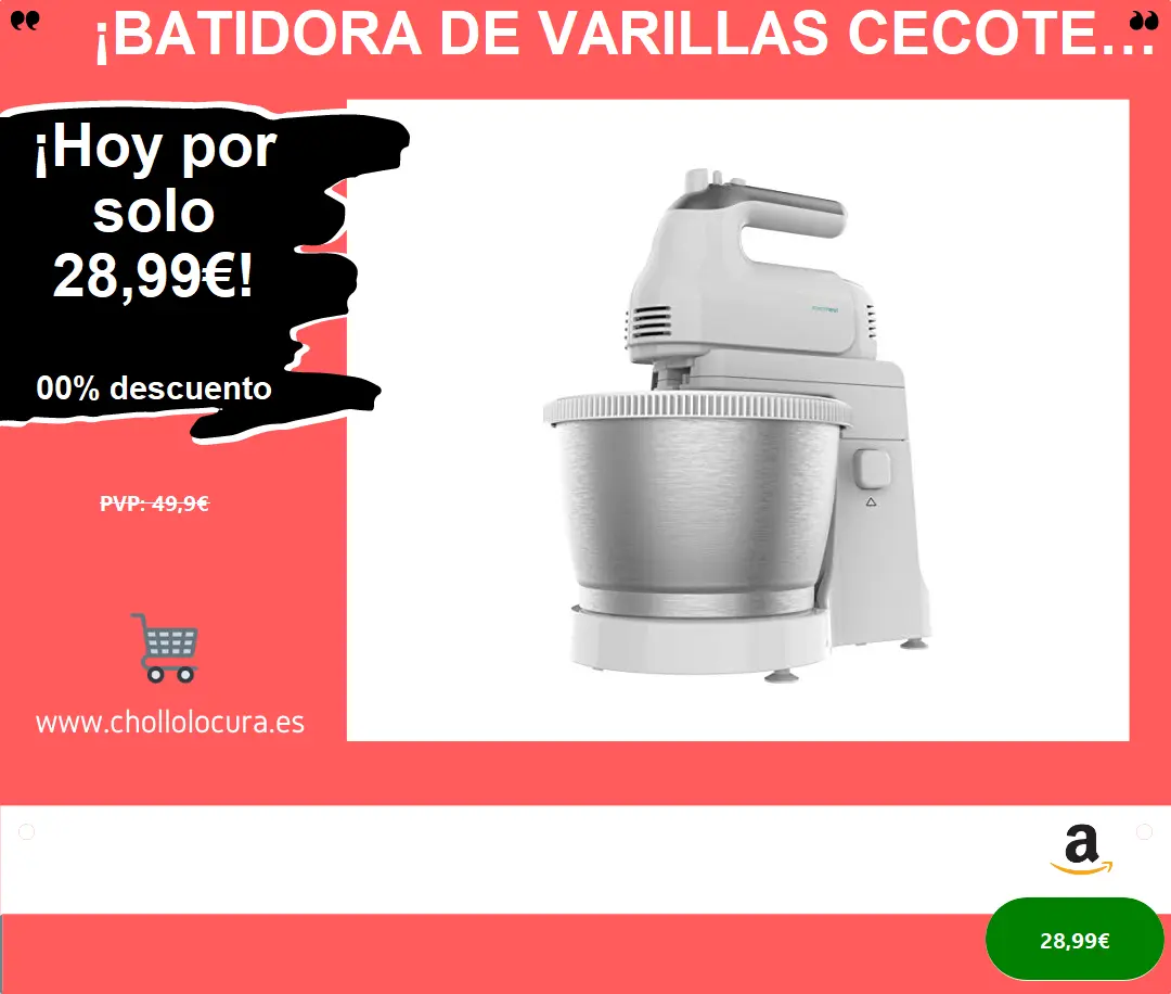 ¡Batidora de Varillas Cecotec PowerTwist 500 Steel! Potente 500W, Bol Autogiratorio 3,5L, 2 Varillas y 2 Garfios, Diseño Ergonómico, Accesorios para Alta Cocina