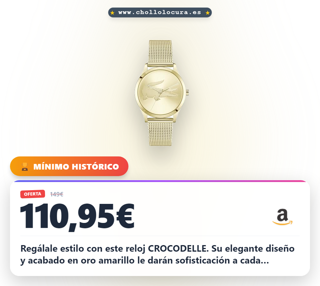 Consigue el reloj Lacoste CROCODELLE en oro amarillo con correa de acero inoxidable y diseño cocodrilo elegante