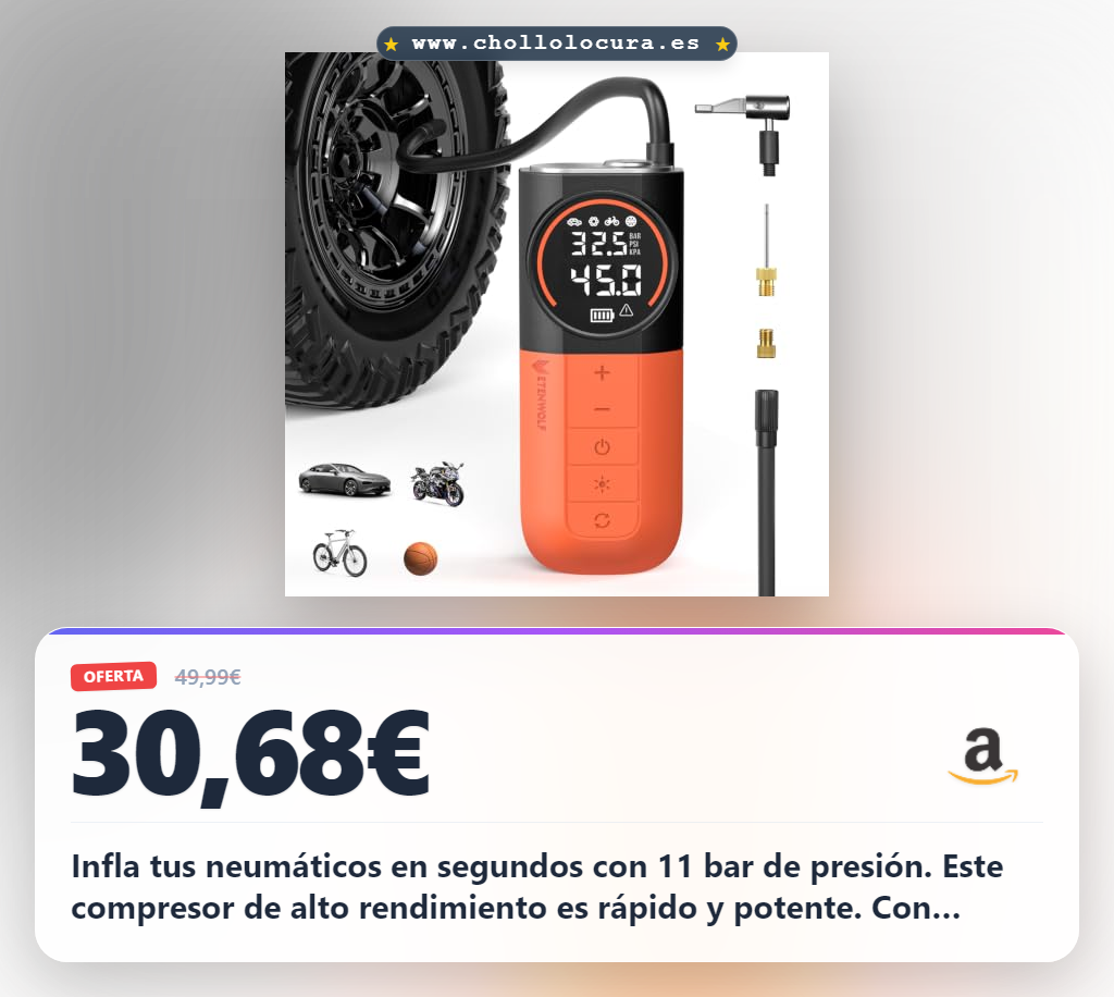 Consigue la bomba de aire ETENWOLF S1 de 11 bar para inflar neumáticos rápido y sin cables.