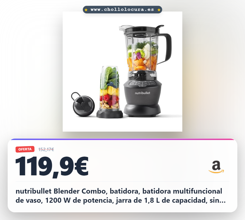 nutribullet Blender Combo, batidora, batidora multifuncional de vaso, 1200 W de potencia, jarra de 1,8 L de capacidad, sin BPA, NBF500DG