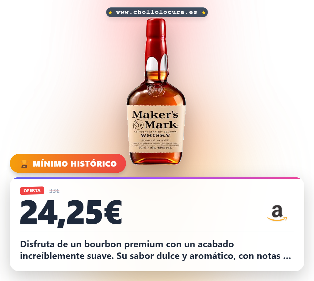 Disfruta el Maker's Mark Whisky Kentucky Bourbon 70cl con sabor a caramelo y vainilla a precio de chollo