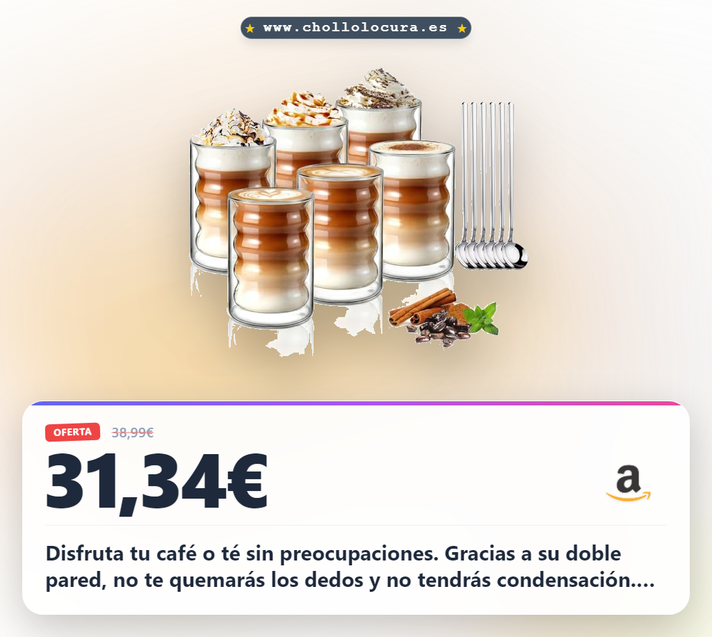 Aprovecha el juego de 6 tazas de cristal ecooe de doble pared con cuchara y vidrio de borosilicato.