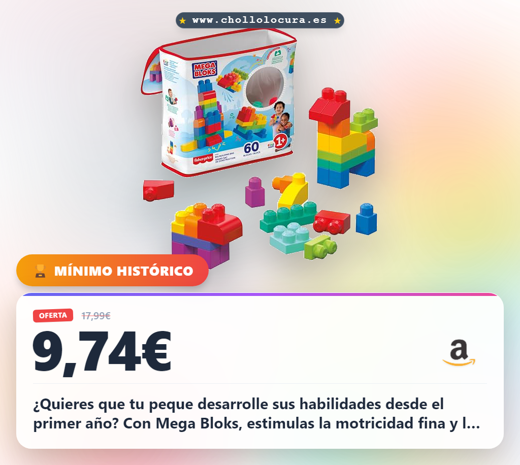 Disfruta de la creatividad con Mega Bloks: 60 bloques maxi para bebés a precio de chollo.