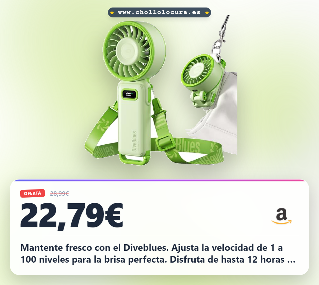 Mantente fresco con el Diveblues. Ajusta la velocidad de 1 a 100 niveles para la brisa perfecta. Disfruta de hasta 12 horas de batería y su diseño plegable y ultraligero te da la libertad de movimiento que necesitas para viajar, playa o la oficina.