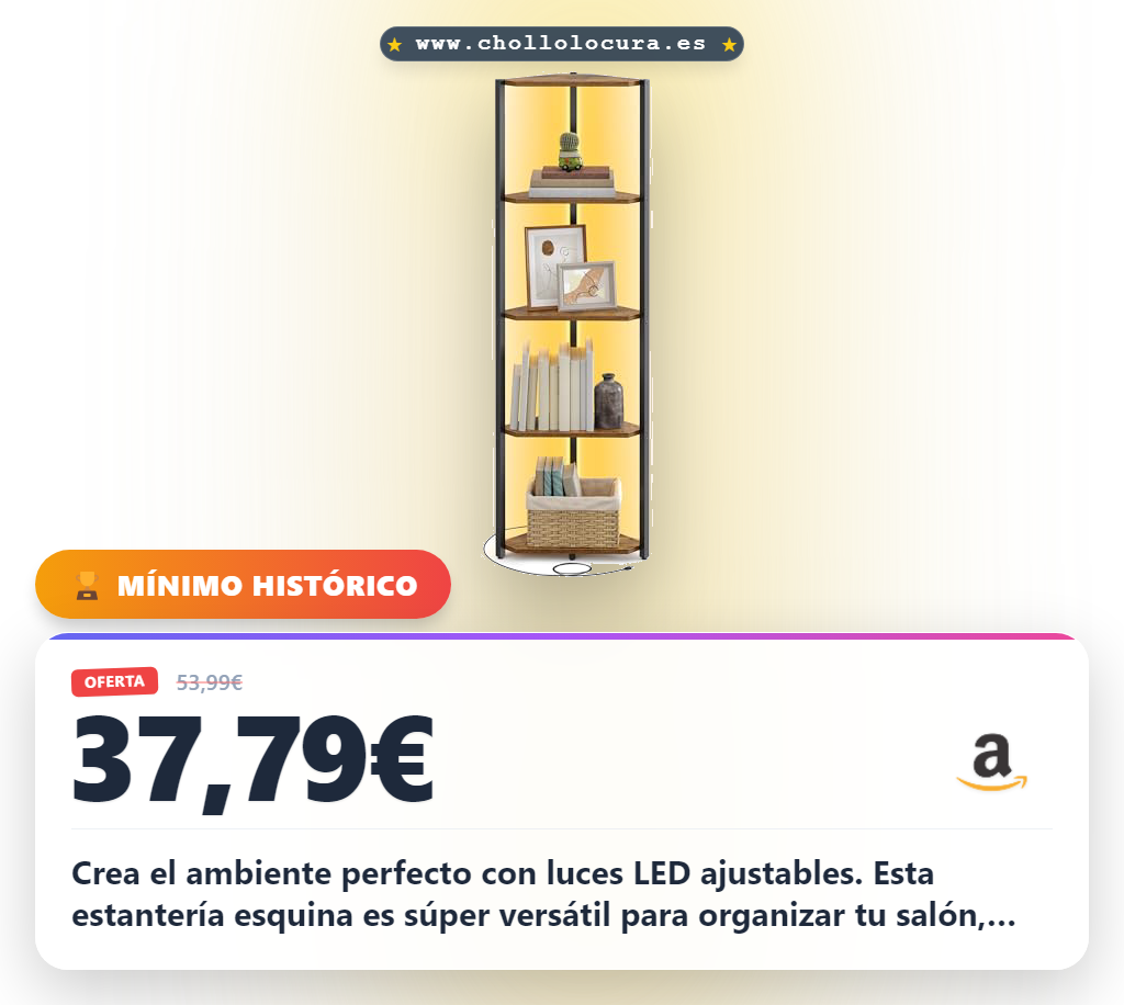 Crea el ambiente perfecto con luces LED ajustables. Esta estantería esquina es súper versátil para organizar tu salón, estudio o cocina. Su diseño robusto y fácil montaje te ofrece almacenamiento elegante y duradero en solo 20 minutos.