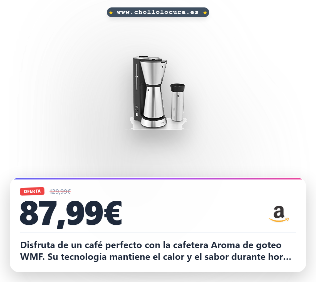 Disfruta de un café perfecto con la cafetera Aroma de goteo WMF. Su tecnología mantiene el calor y el sabor durante horas. Filtro extraíble y vaso térmico para llevar: comodidad y calidad en cada taza.