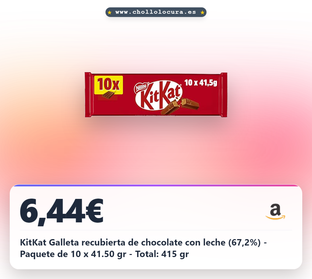 KitKat Galleta recubierta de chocolate con leche (67,2%) - Paquete de 10 x 41.50 gr - Total: 415 gr