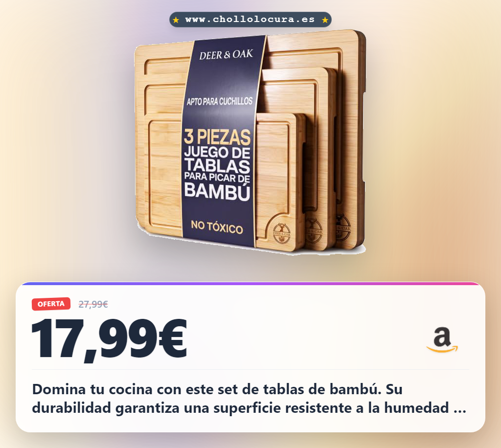 Consigue el set de 3 tablas de cortar de bambú Deer & Oak (33x24, 28x20 y 22x15 cm) para cocina.
