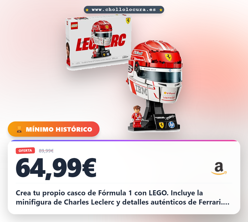 Crea tu propio casco de Fórmula 1 con LEGO. Incluye la minifigura de Charles Leclerc y detalles auténticos de Ferrari. Perfecto para decorar tu habitación y coleccionar tus sueños de motor. Un regalo increíble para fans de la F1.
