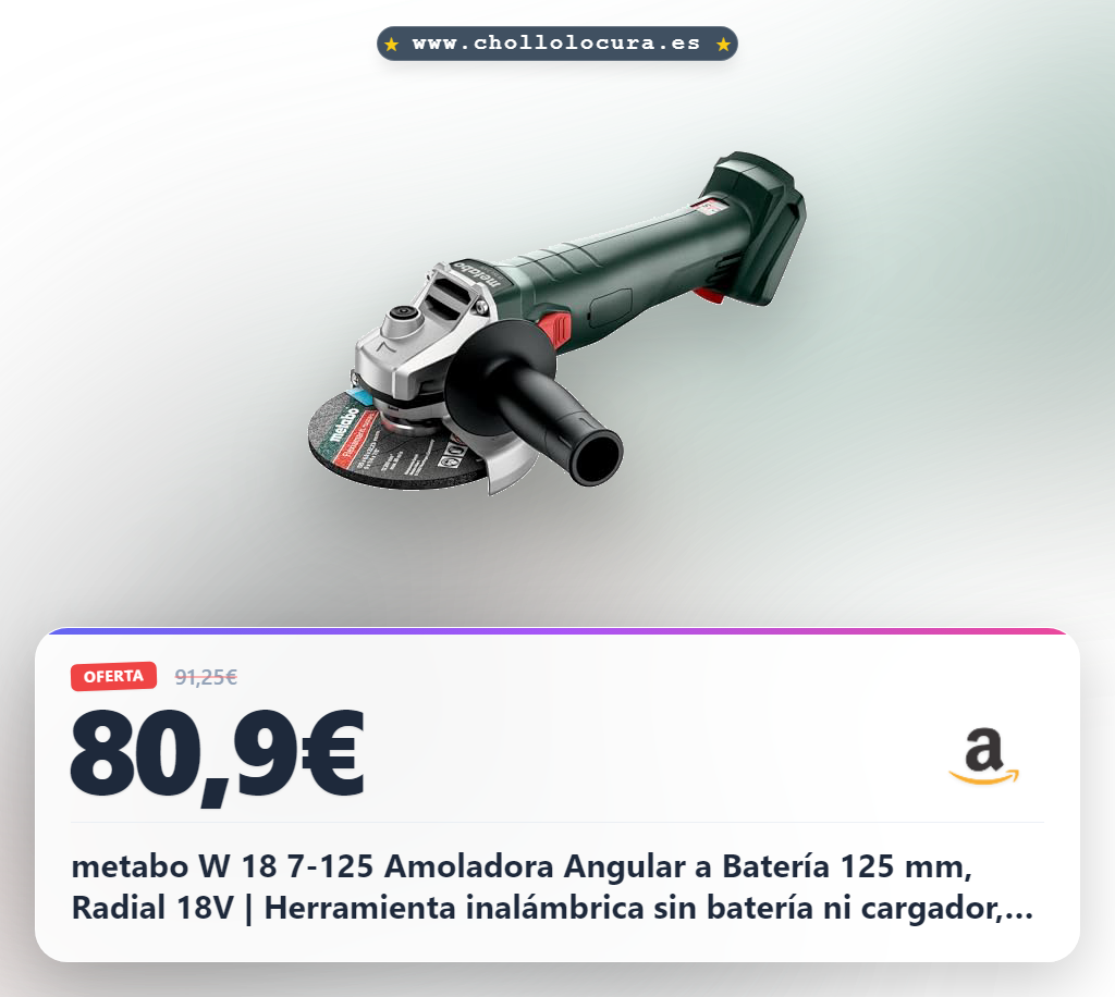 metabo W 18 7-125 Amoladora Angular a Batería 125 mm, Radial 18V | Herramienta inalámbrica sin batería ni cargador, disco 125 mm, amoladora de disco para corte y desbaste profesional