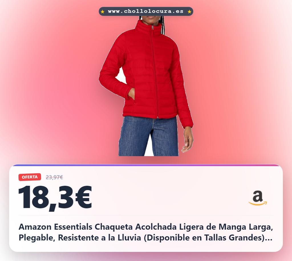 Amazon Essentials Chaqueta Acolchada Ligera de Manga Larga, Plegable, Resistente a la Lluvia (Disponible en Tallas Grandes) Mujer, Rojo Amapola Brillante, S