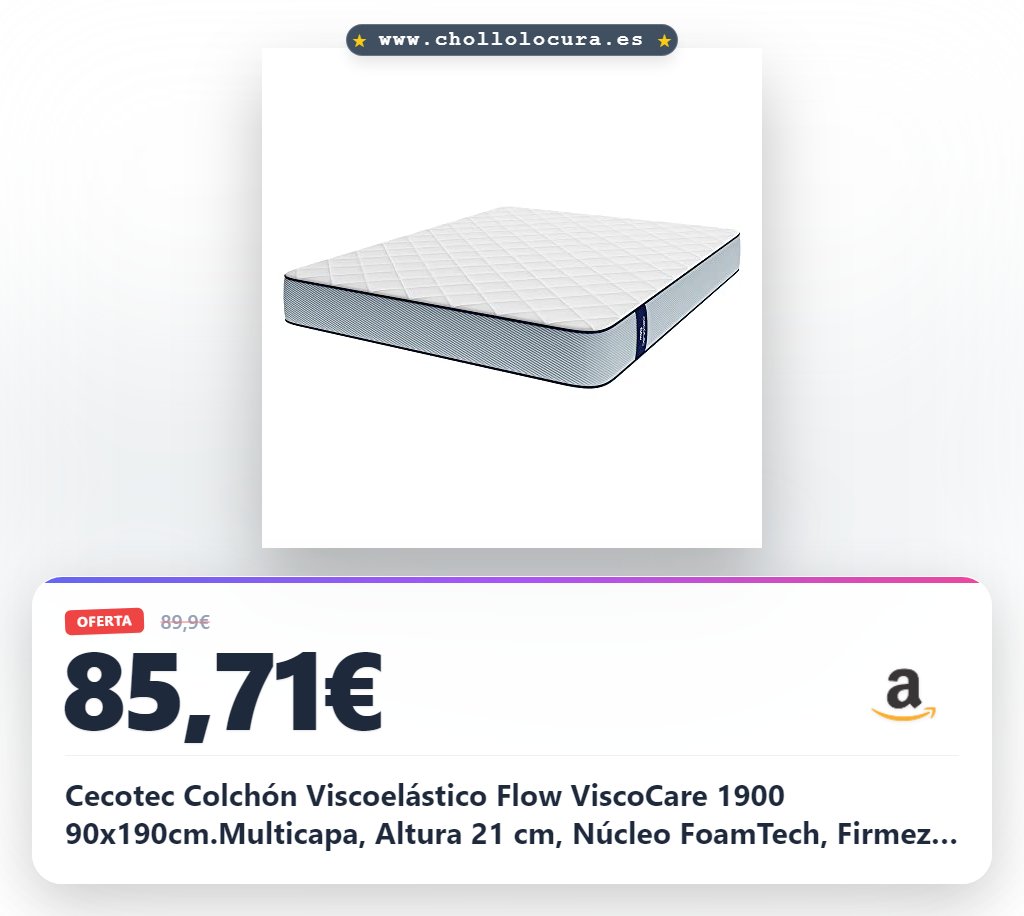 Cecotec Colchón Viscoelástico Flow ViscoCare 1900 90x190cm.Multicapa, Altura 21 cm, Núcleo FoamTech, Firmeza Alta, Capa Viscoelástica ViscoCare, Tejido PureCare, Doble Cara AllPerfect