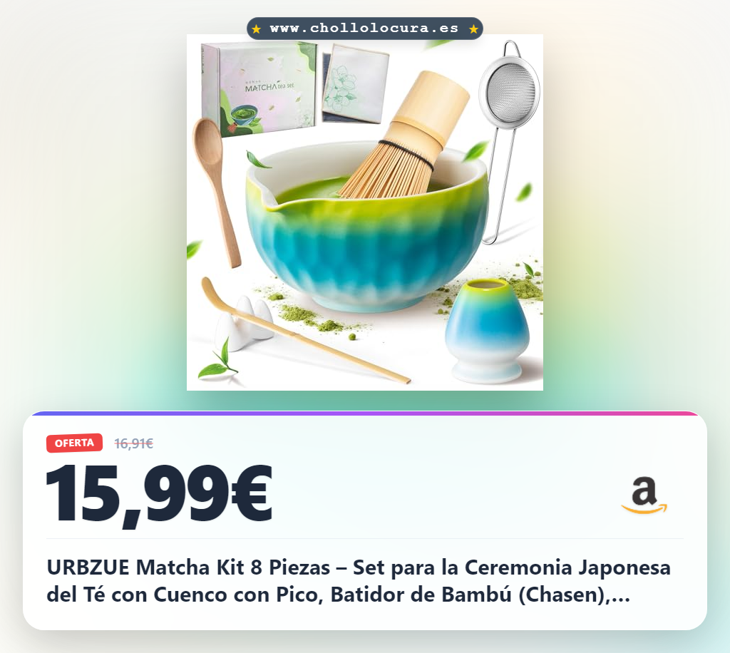 URBZUE Matcha Kit 8 Piezas – Set para la Ceremonia Japonesa del Té con Cuenco con Pico, Batidor de Bambú (Chasen), Soporte, Chashaku y Tamiz – Regalo para Amantes del Matcha, Azul-Verde Degradado
