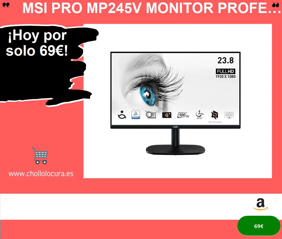 MSI Pro MP245V Monitor Profesional, de 23,8' FHD, 1920 x 1080, 100 Hz, VA, Plano, Anti-Glare, 16:9, 300 nits, Negro