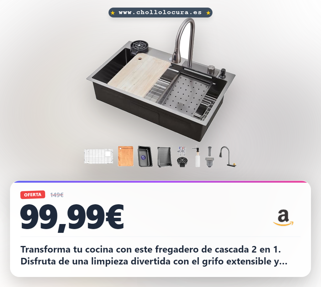 Encuentra este fregadero de cocina en cascada T304 multifuncional con grifo 2 en 1 a precio de chollo