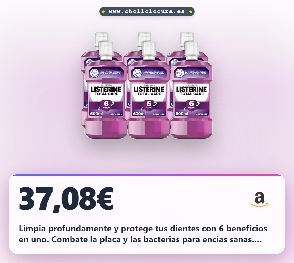 Aprovecha Listerine Total Care Menta Pura 6 en 1. Limpieza profunda, combate placa y protege encías con 6 beneficios para tu higiene bucal.