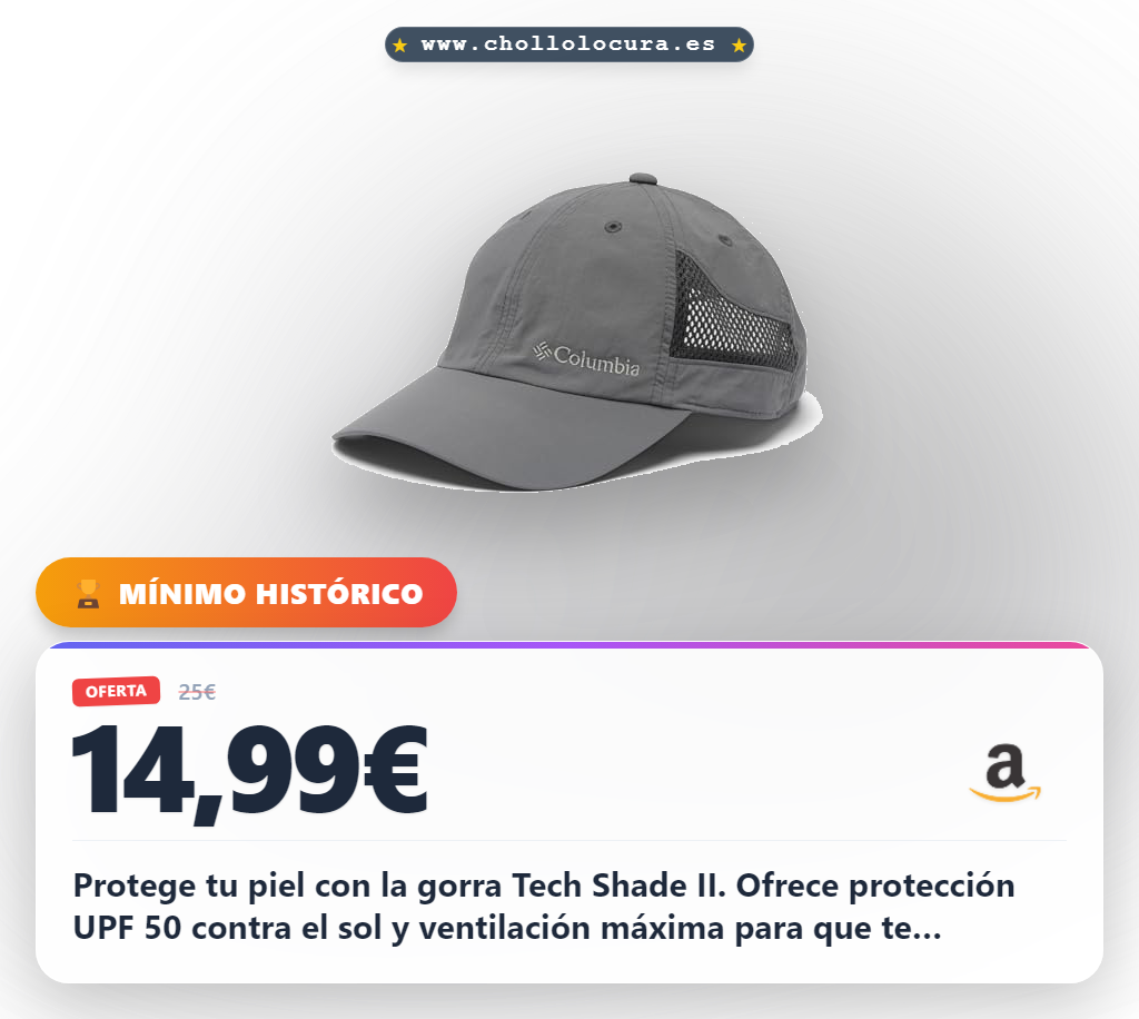 Consigue la gorra Columbia Tech Shade II UPF 50 con ventilación y estilo urbano para protegerte del sol.