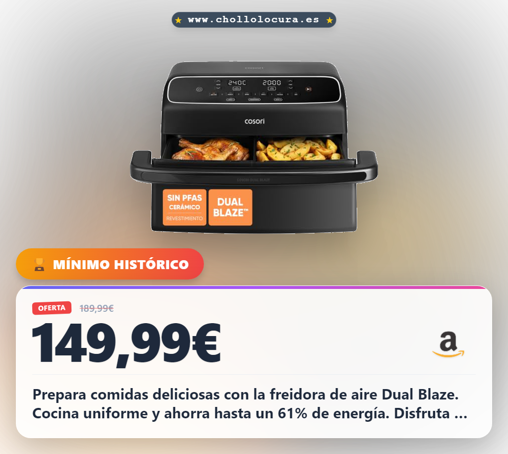 Aprovecha la freidora de aire Cosori Dual Blaze 6 en 1 con doble cesta y revestimiento cerámico al mejor precio