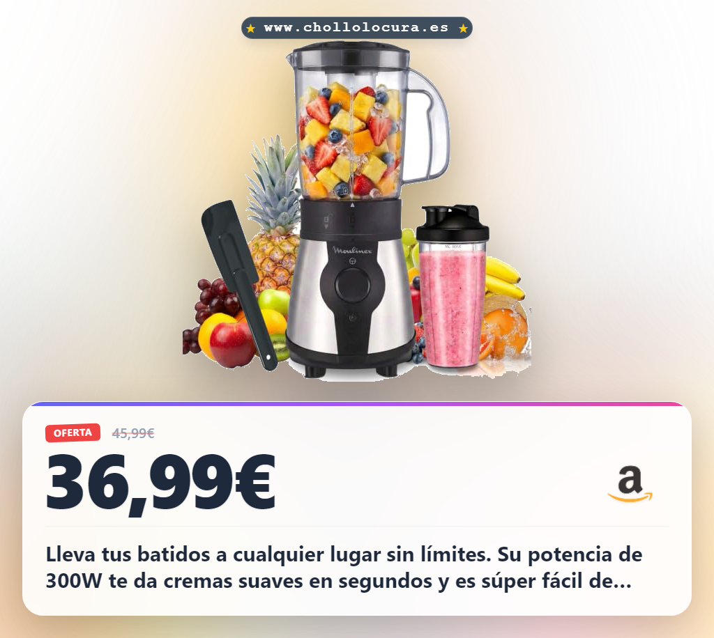 Aprovecha la batidora portátil de 300W y 1.3L. Disfruta de batidos suaves y cremosos en oferta histórica