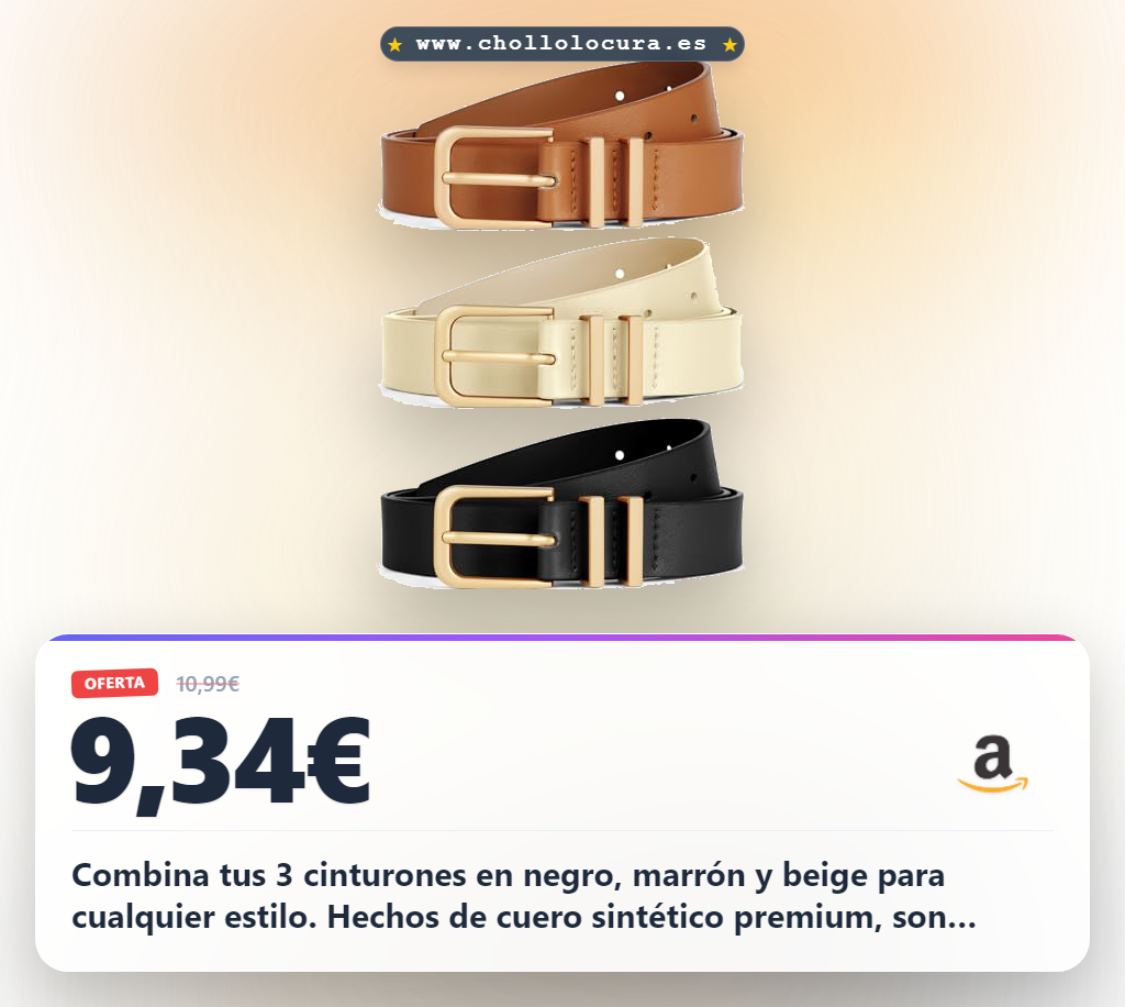Aprovecha este set de 3 cinturones en negro, marrón y beige. Cuero sintético premium y ajustable para un look elegante.