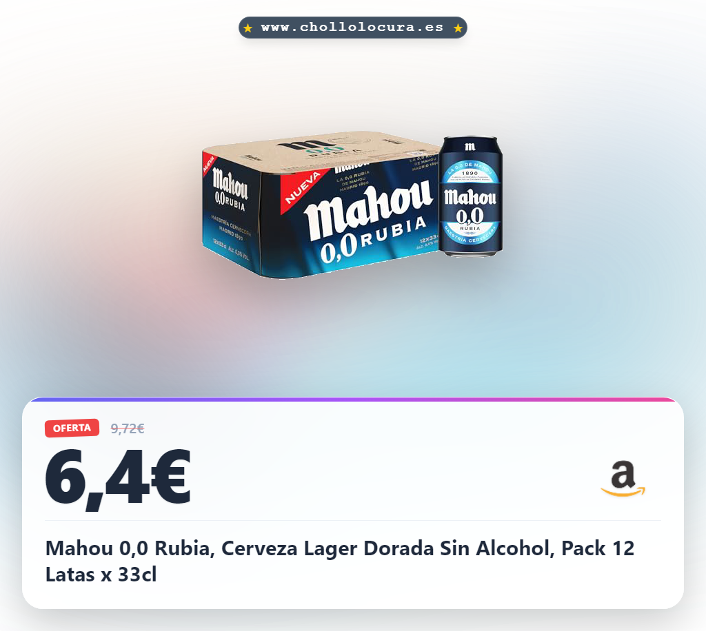 Mahou 0,0 Rubia, Cerveza Lager Dorada Sin Alcohol, Pack 12 Latas x 33cl