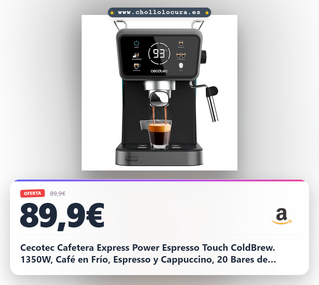 Cecotec Cafetera Express Power Espresso Touch ColdBrew. 1350W, Café en Frío, Espresso y Cappuccino, 20 Bares de Presión, Vaporizador Orientable, Táctil, Depósito de Agua 1,5L y de Leche 550ml