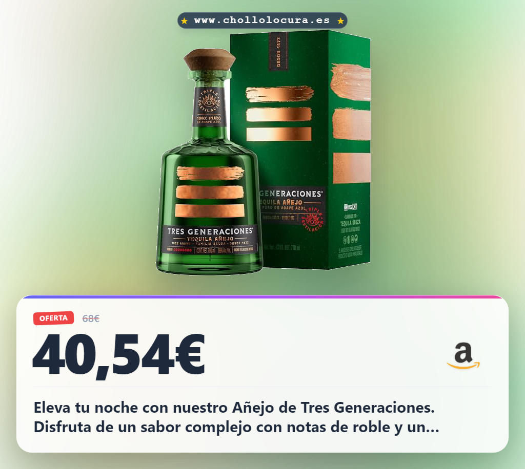 Aprovecha el Tequila Añejo Tres Generaciones 700ml ámbar. Notas de roble y vainilla. Oferta histórica al mejor precio.
