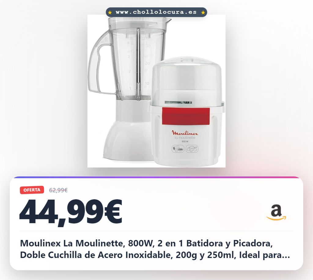 Moulinex La Moulinette, 800W, 2 en 1 Batidora y Picadora, Doble Cuchilla de Acero Inoxidable, 200g y 250ml, Ideal para Frutas Blancas y Rojas, AR6801