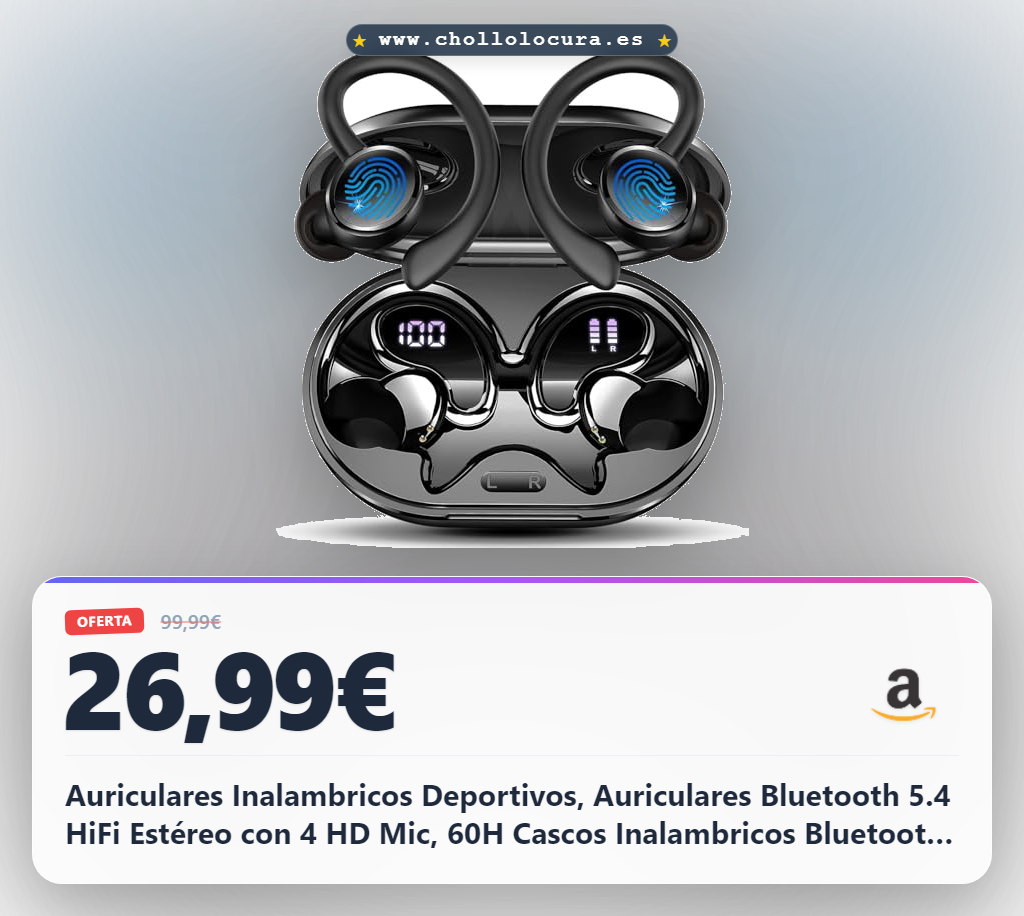 Auriculares Inalambricos Deportivos, Auriculares Bluetooth 5.4 HiFi Estéreo con 4 HD Mic, 60H Cascos Inalambricos Bluetooth con Cancelacion Ruido ENC, IP7 Impermeable Cascos, Pantalla LED/Control App