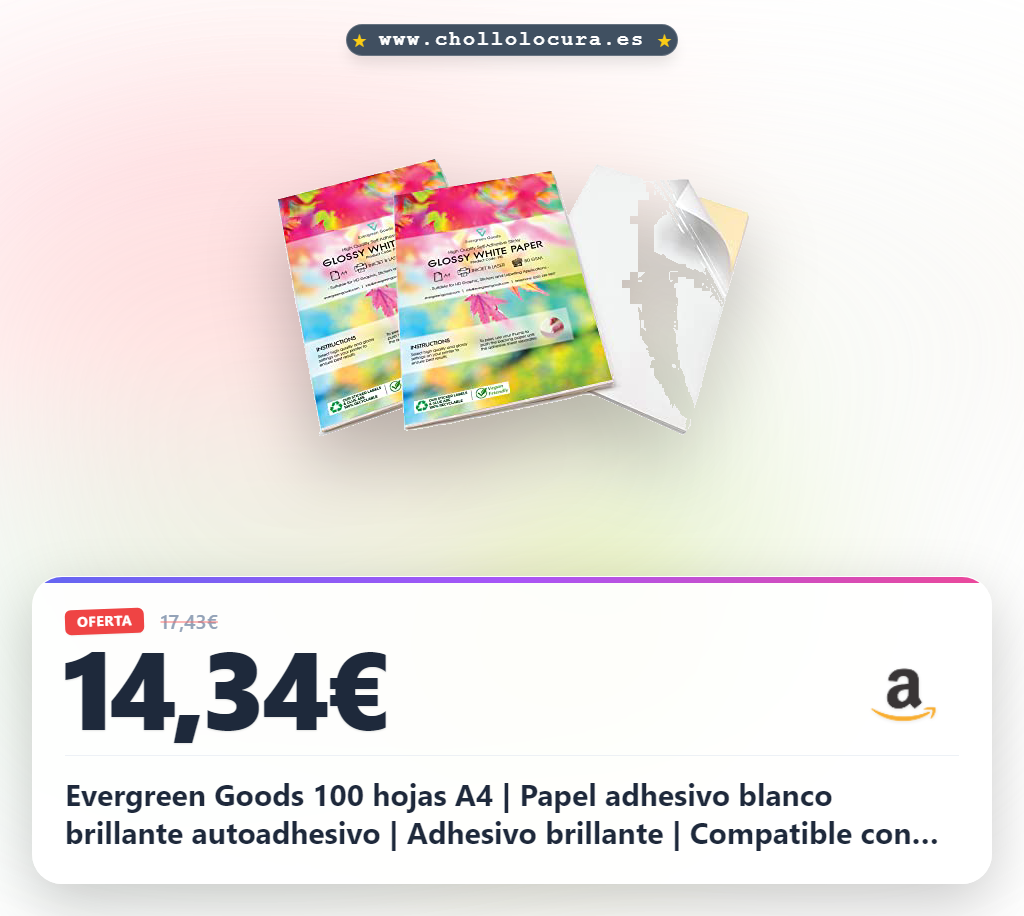 Evergreen Goods 100 hojas A4 | Papel adhesivo blanco brillante autoadhesivo | Adhesivo brillante | Compatible con impresoras láser e inyección de tinta | Adhesivos para niños con gráficos HD