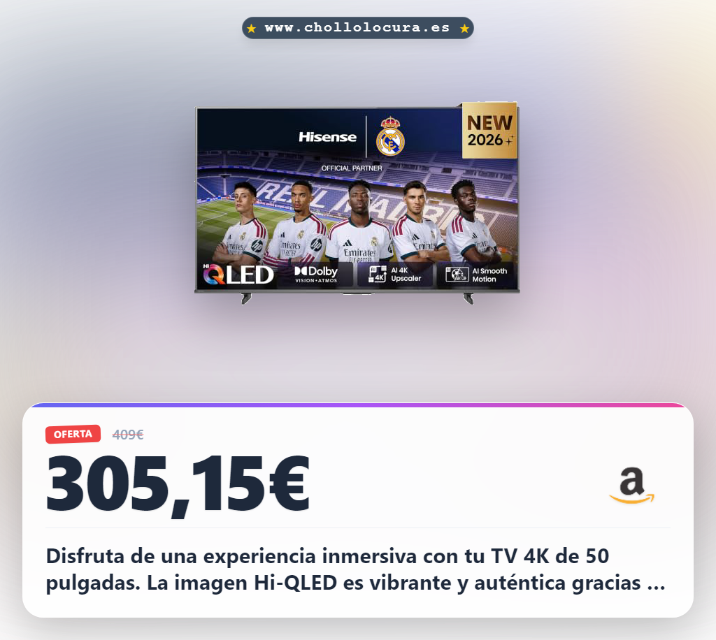 Disfruta de una experiencia inmersiva con tu TV 4K de 50 pulgadas. La imagen Hi-QLED es vibrante y auténtica gracias a Dolby Vision. Disfruta de movimientos ultra fluidos con Smooth Motion IA y el Modo Juego Plus. El sonido envolvente te rodea en cada momento.