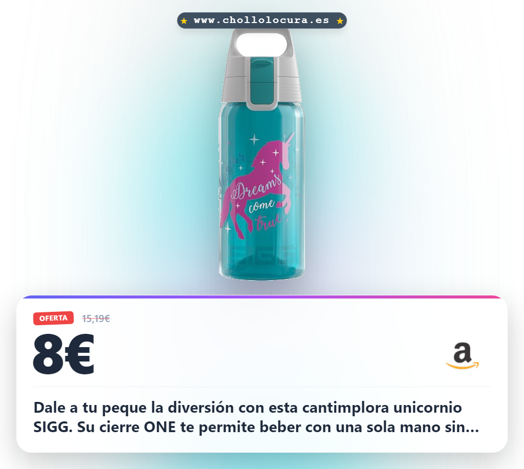 Dale a tu peque la diversión con esta cantimplora unicornio SIGG. Su cierre ONE te permite beber con una sola mano sin preocupaciones. Material seguro y transparente para que veas la hidratación. ¡Perfecta para el colegio y el parque!
