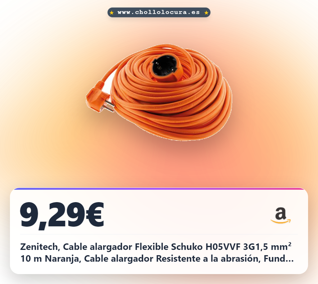 Zenitech, Cable alargador Flexible Schuko H05VVF 3G1,5 mm² 10 m Naranja, Cable alargador Resistente a la abrasión, Funda de PVC, Uso Privado y Comercial, Cumple con Las Normas Europeas
