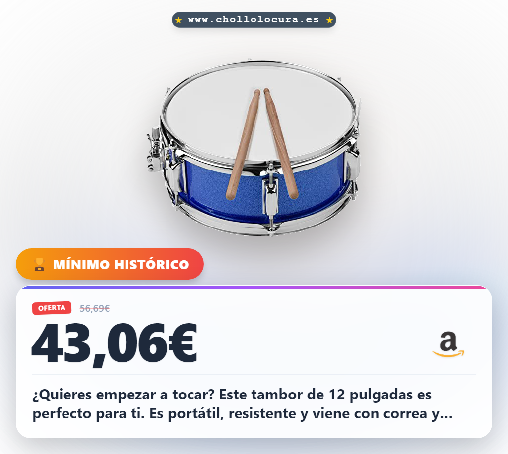 ¿Quieres empezar a tocar? Este tambor de 12 pulgadas es perfecto para ti. Es portátil, resistente y viene con correa y llave de afinación. Elige entre 5 colores elegantes y haz música sin límites. ¡Ideal para regalar! 