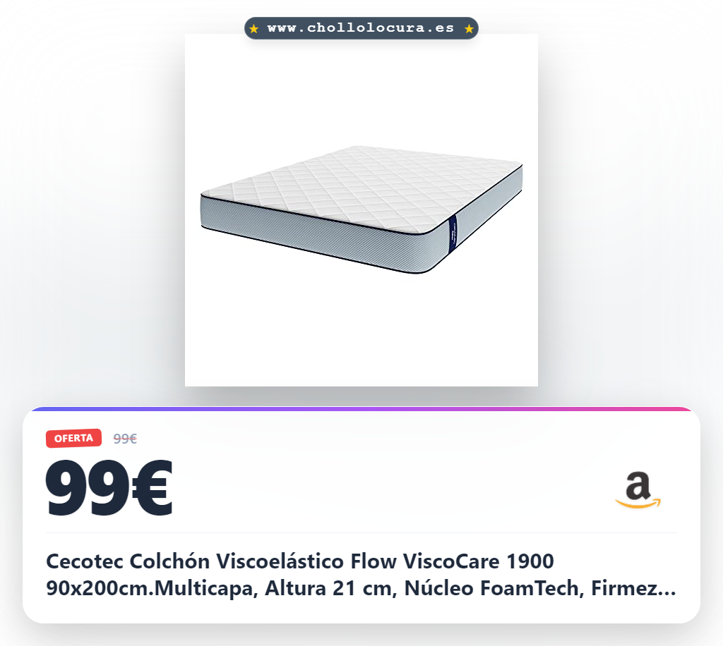Cecotec Colchón Viscoelástico Flow ViscoCare 1900 90x200cm.Multicapa, Altura 21 cm, Núcleo FoamTech, Firmeza Alta, Capa Viscoelástica ViscoCare, Tejido PureCare, Doble Cara AllPerfect