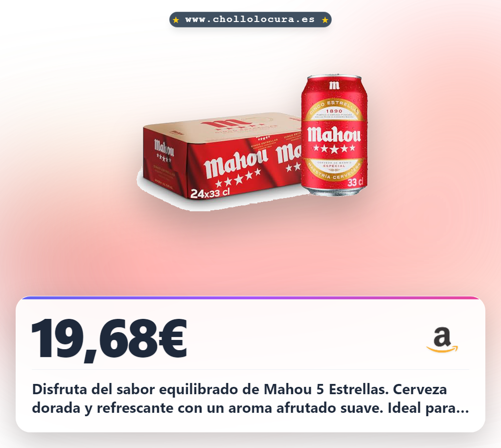 Aprovecha las 24 latas Mahou 5 Estrellas con 5.5% de alcohol y disfruta de esta cerveza dorada en oferta